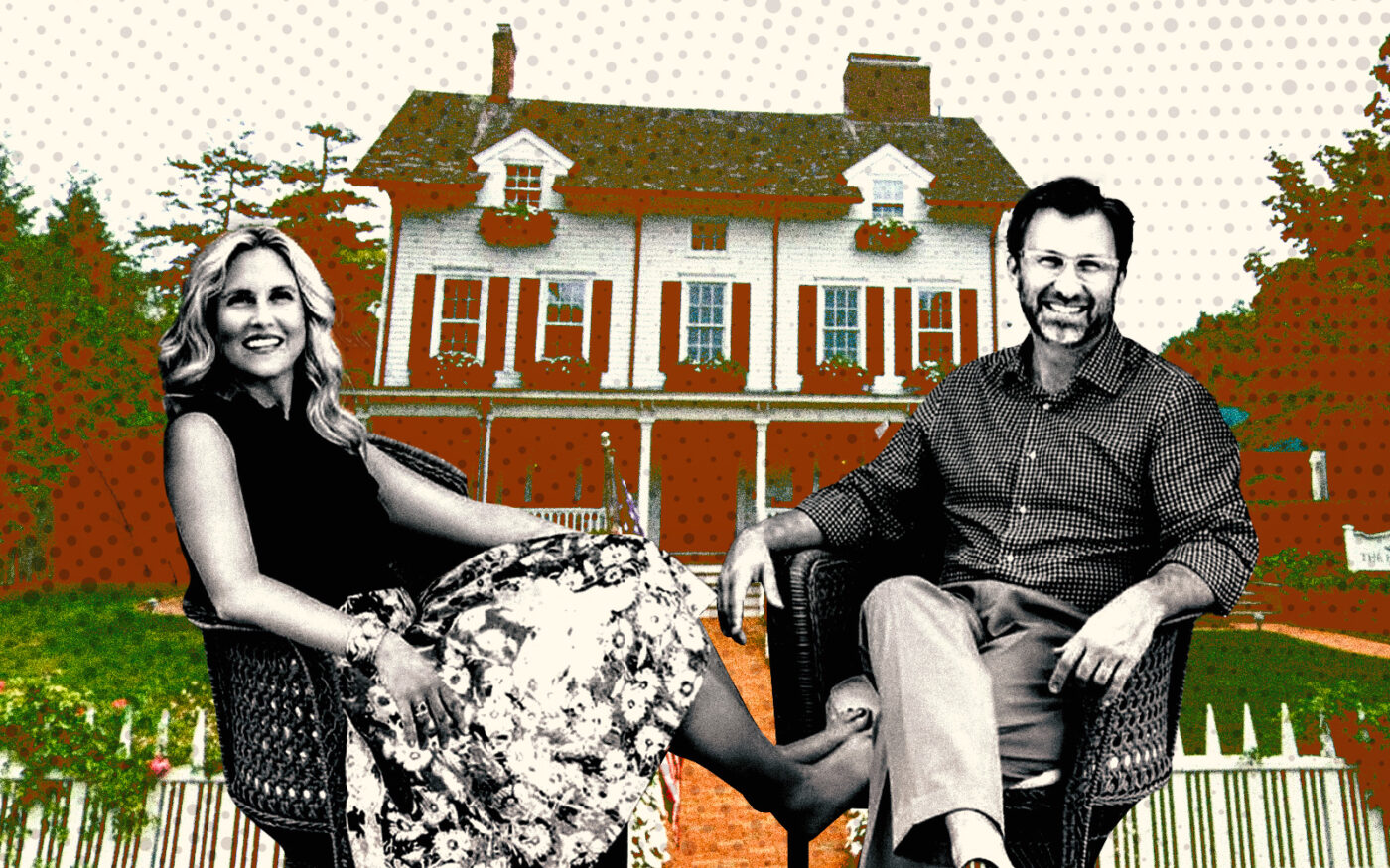 <p>A photo illustration of the The Colony Palm Beach owners Sarah and Andrew Wetenhall along with the Hedges Inn at 74 James Lane in East Hampton, Long Island (Getty, Facebook/The Colony Palm Beach, Google Maps)</p>
