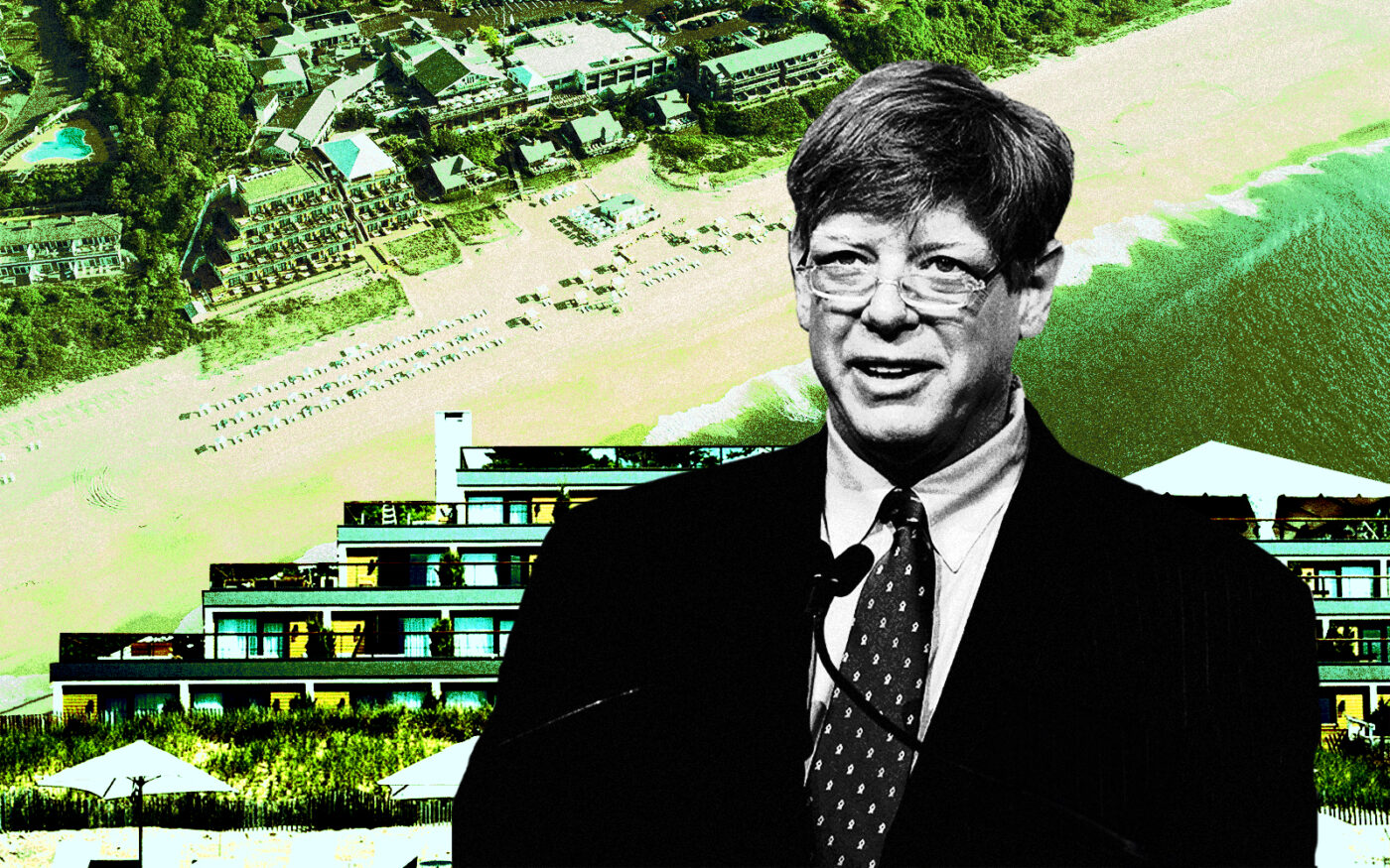 A photo illustration of Lloyd Goldman along with the Gurney’s Montauk Resort and Seawater Spa in Montauk (Getty, BLDG Management, Gurney’s Montauk Resort and Seawater Spa)