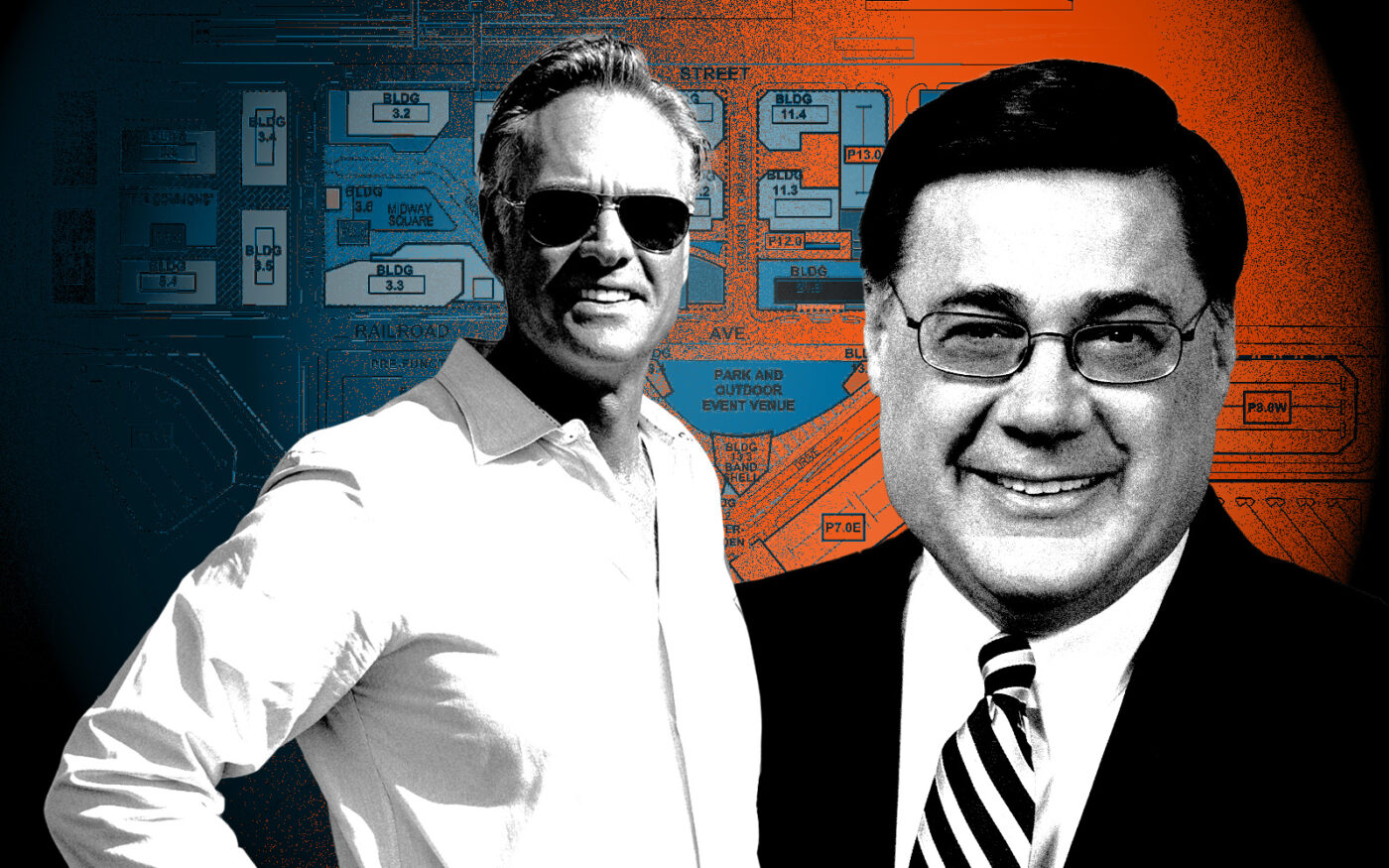 A photo illustration of JLL vice chair Derek Trulson and Suffolk County Executive Edward Romaine along with a plan for the Midway Crossing site in Ronkonkoma (Getty, JLL, Suffolk County Government, Connect Long Island)