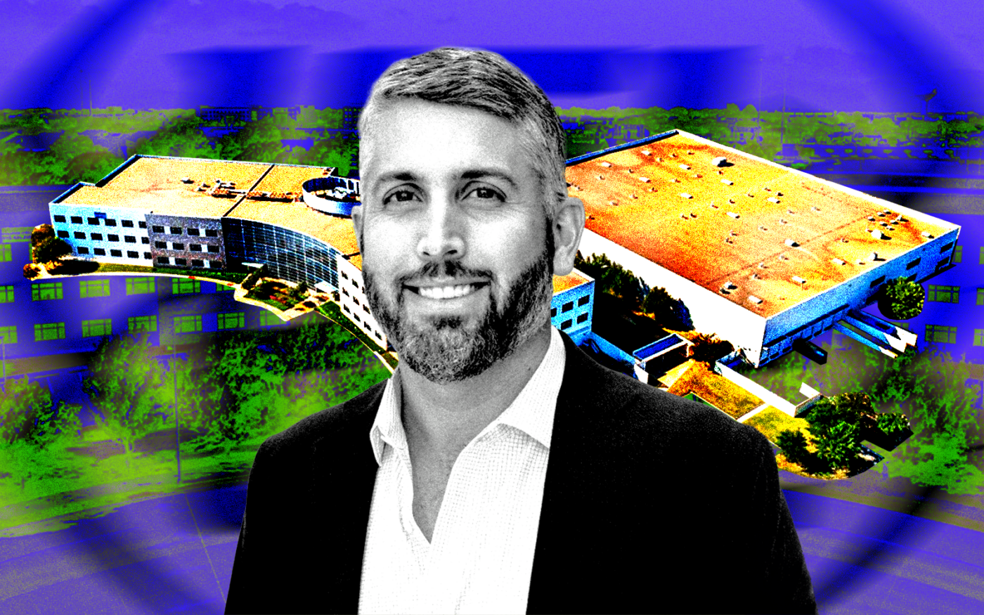 <p>A photo illustration of Fort Capital CEO Chris Powers with 1401 Nolan Ryan Expressway in Arlington (LinkedIn/Chris Powers, Fort Companies, UFL)</p>
