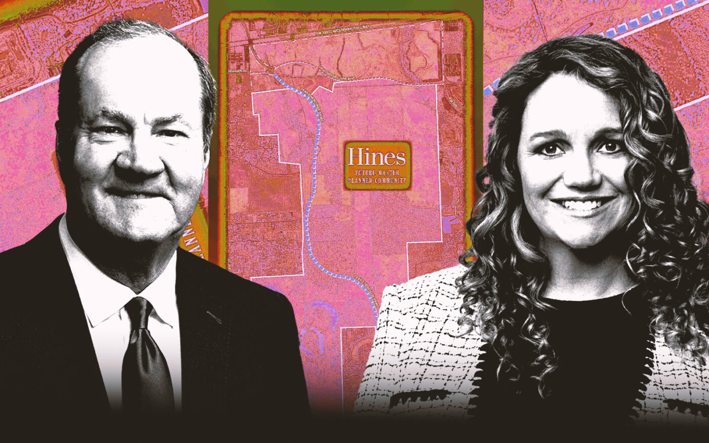 A photo illustration of Hines co-CEOs Jeffrey Hines and Laura Hines-Pierce along with a map of Hines' planned community outside Fulshear in Fort Bend County (Hines)