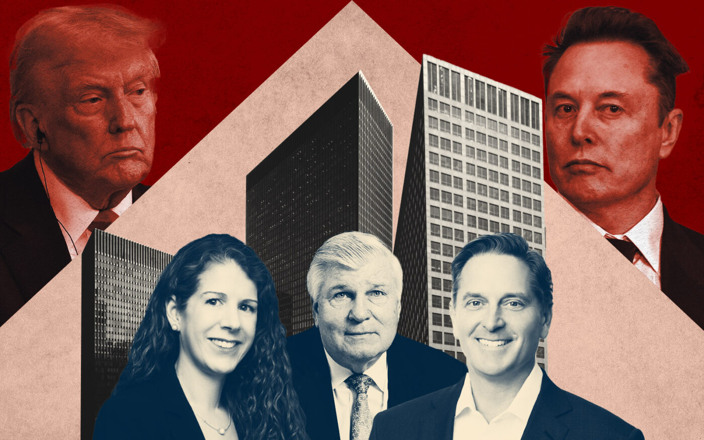 Donald Trump, Elon Musk, 230 South Dearborn Street and 77 West Jackson Boulevard, with Benesch's Nicole Fry and Mike Reschke, and Easterly Gov’t Properties' Darrell Crate (Getty, US General Services Administratio/Public domain/via Wikimedia Commons,  loopnet, beneschlaw, easterlyreit, Matt Haas)