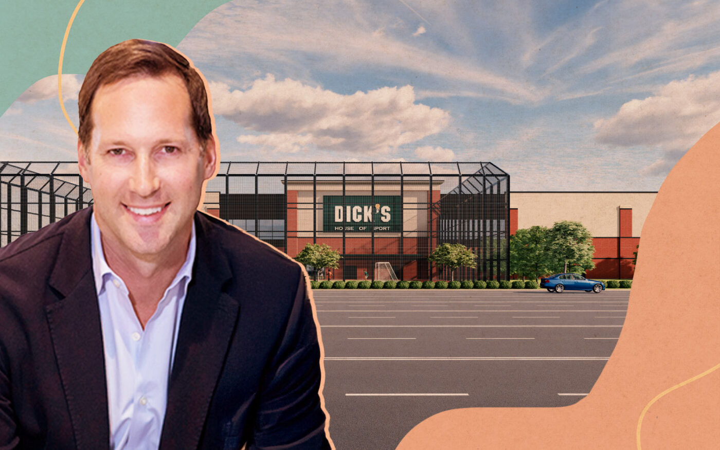 Kimco Realty's Conor Flynn; rendering of planned Dick’s store at Oakwood Plaza (Getty, Kimco Realty, Kimley Horn)