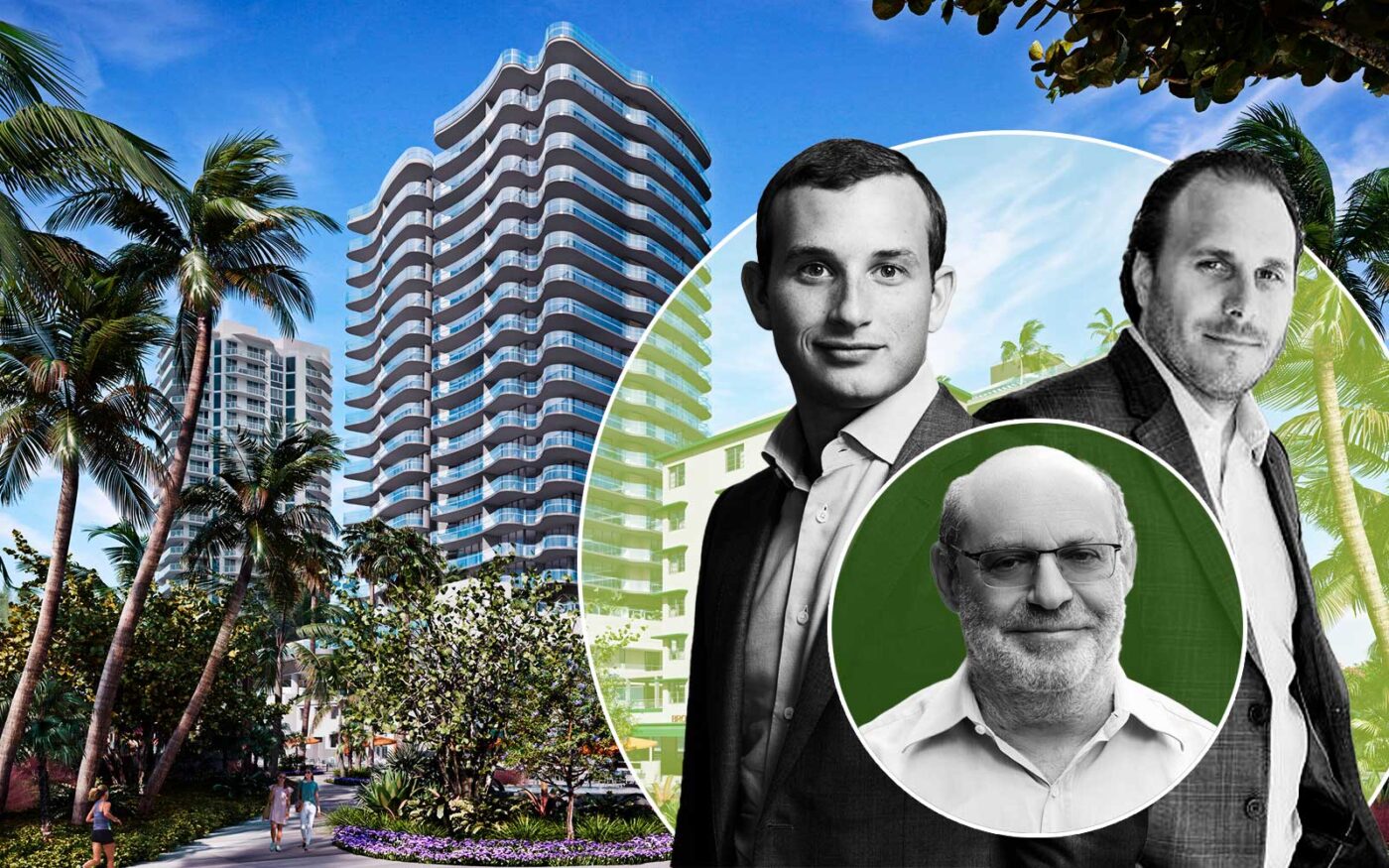 Alex Witkoff, Sandor Scher and Alex Blavatnik with a rendering of Ocean Terrace in North Beach (Access Industries, Revuelta Architecture International, Witkoff, Miami.edu)