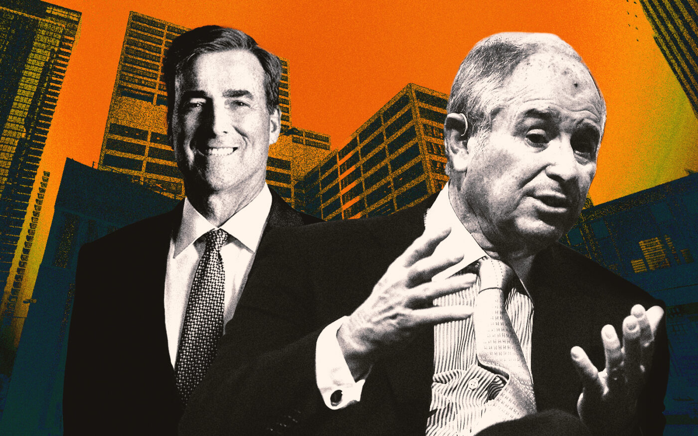 A photo illustration of KeyBank Chris Gorman and Blackstone CEO Stephen A. Schwarzman along with 350 N Orleans in Chicago's River North area (Getty, KeyBank, Google Maps)