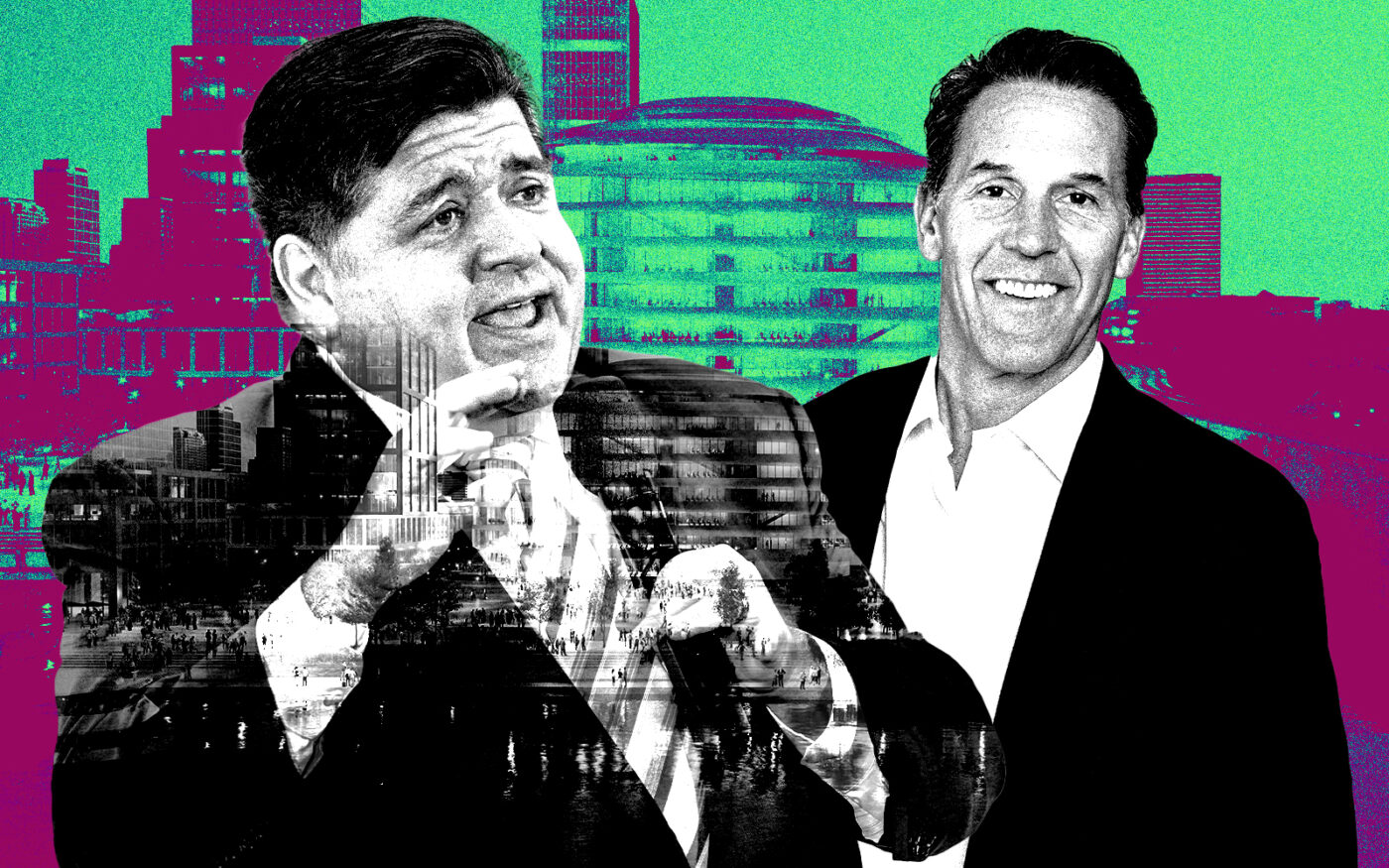 A photo illustration of Governor of Illinois J.B. Pritzker and Related Midwest’s Curt Bailey along with a rendering of the planned quantum computing campus at U.S. Steel South Works (Getty, Related Midwest)