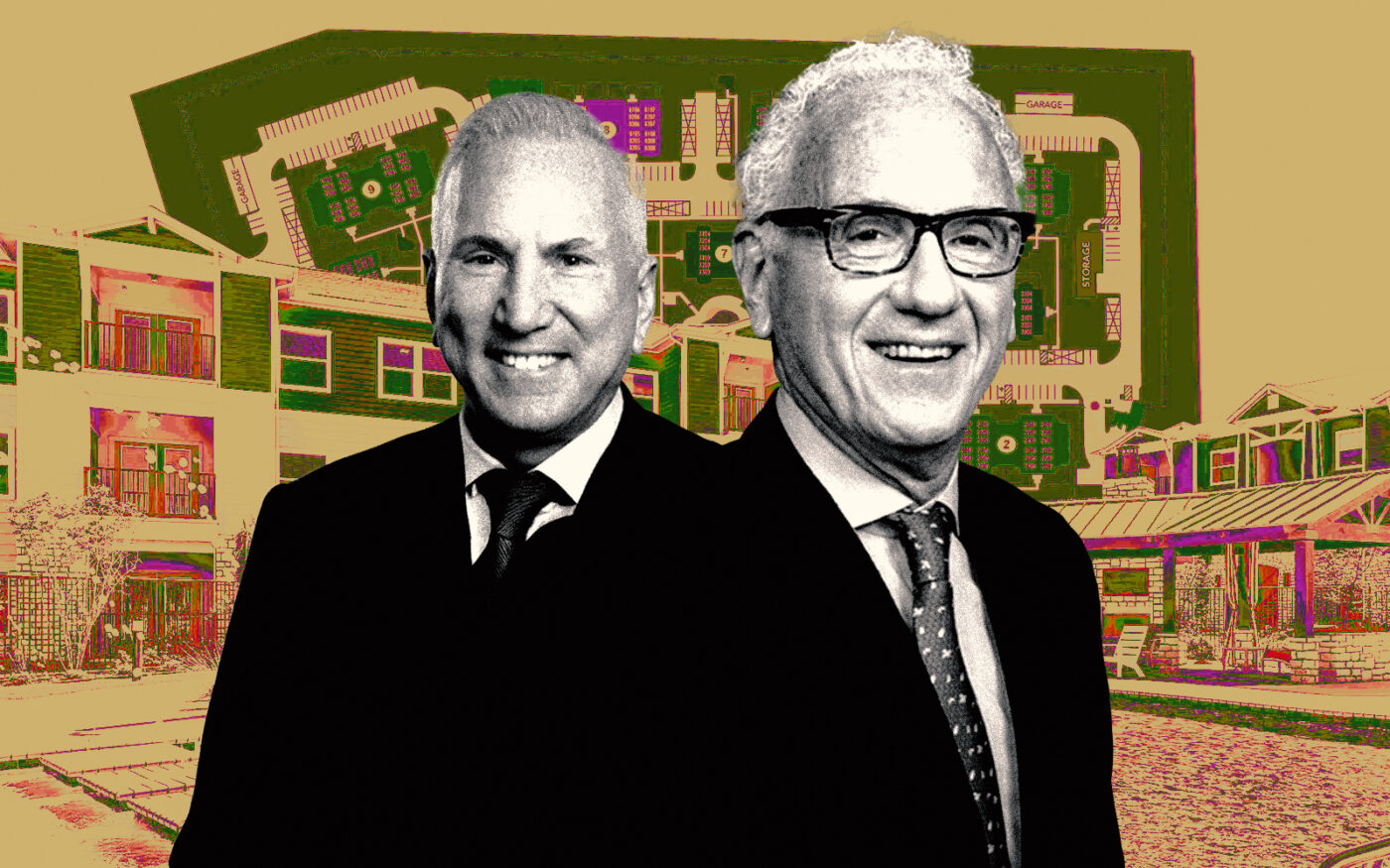 A photo illustration of Greystone’s CEO Stephen Rosenberg and Vantage Communities' David Starr along with the Vantage at Tomball (Getty, Vantage Communities, Greystone)