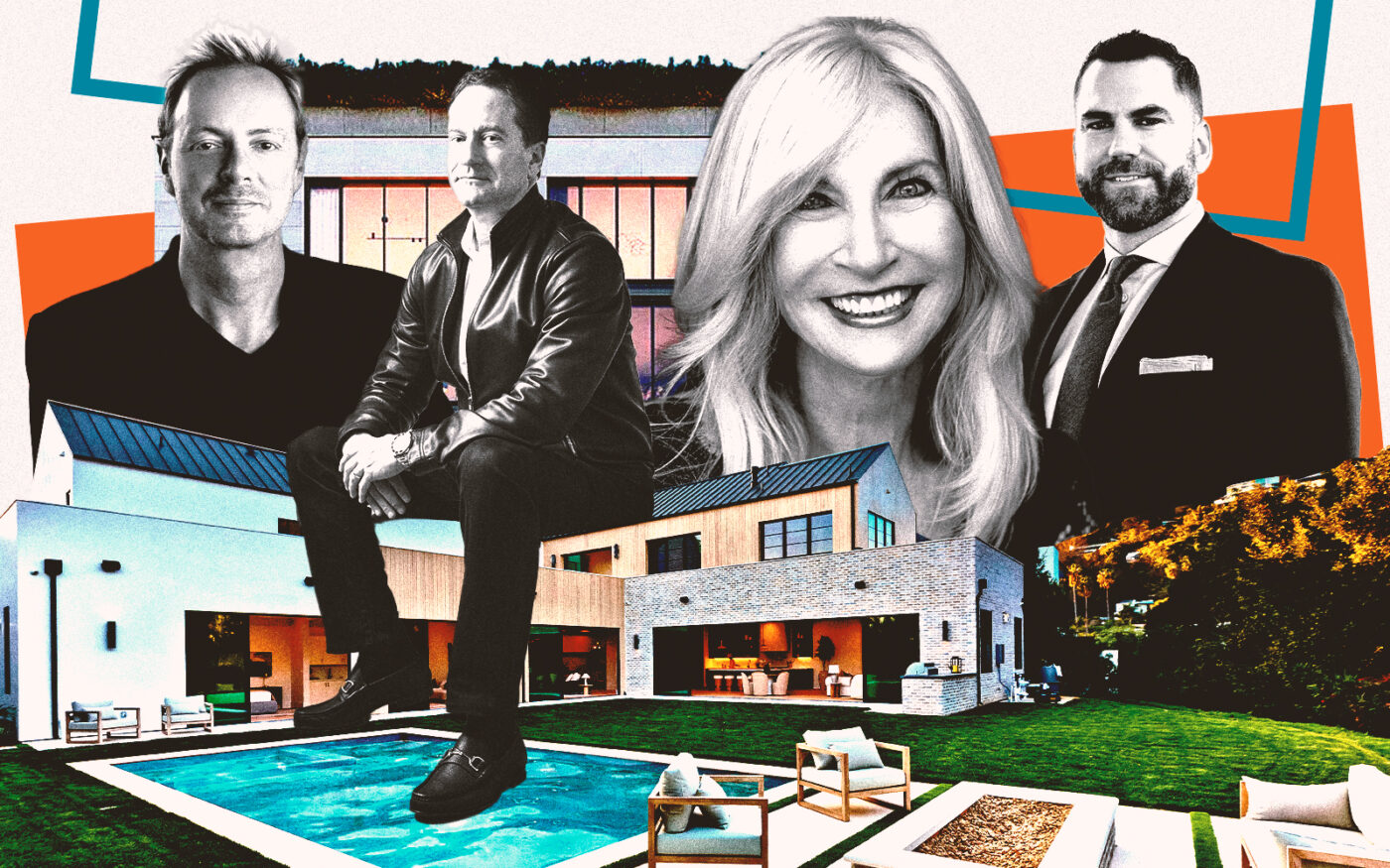 A photo illustration of Coldwell Banker Realty's Todd Baker, Christie’s International Real Estate Southern California's Tomer Fridman, Compass' Sally Forster Jones and Compass Development Marketing Group's Morgan Ball along with 1120 Angelo Drive in Beverly Hills Post Office (front) and 9900 South Santa Monica Boulevard in Beverly Hills (back) (Getty, Christie’s International Real Estate, Coldwell Banker Realty, Compass, Compass Devlopment Marketing Group)