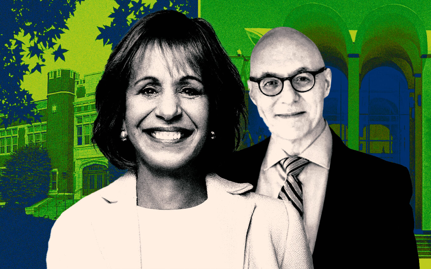 <p>A photo illustration of USC president Carol Folt and Hebrew Union College president Andrew Rehfeld along with the Jack H. Skirball Campus at 3077 University Avenue (Getty, Hebrew Union College. USC)</p>
