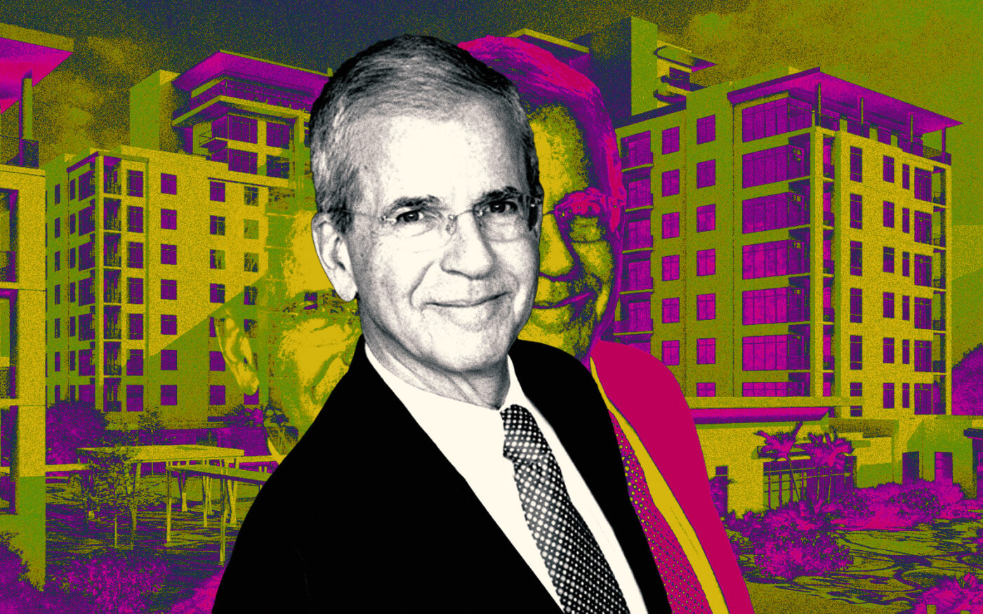 <p>A photo illustration of Miami Jewish Health CEO Jeffrey P. Freimark along with a rendering of the FiftyTwoNorth (THW Design, Miami Jewish Health, Greystone)</p>
