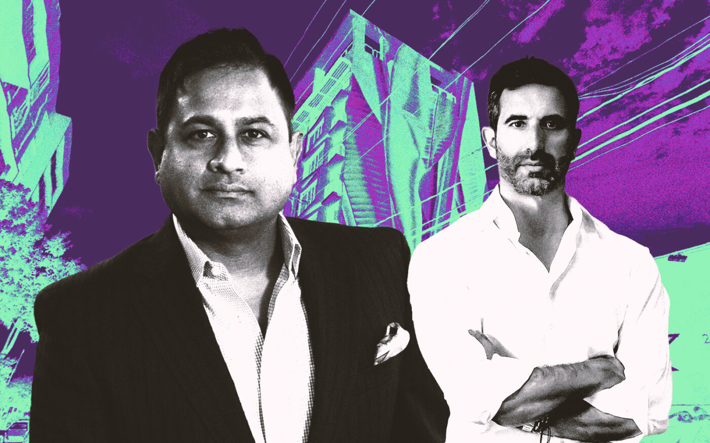 A photo illustration of Baywood Hotels president Al Patel and  Dolphi Capital Partners’ Miltos Kambourides along with the Moxy Miami Wynwood hotel (Getty, Dolphi Capital Partners, LinkedIn/Al Patel, Google Maps)