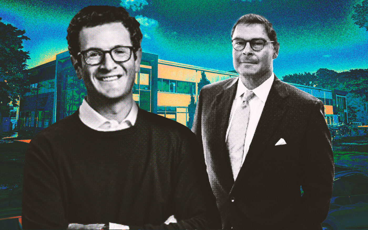 <p>A photo illustration of Shorenstein CEO Brandon Shorenstein and Tritower CEO William Gribbell along with 8 Crosby Drive in Bedford, Massachusetts (Getty, Shorenstein, Tritower, Google Maps)</p>
