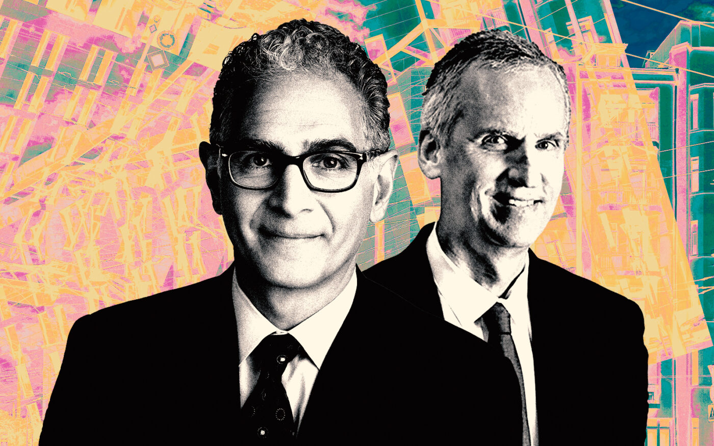 A photo illustration of Hyatt CEO Mark Hoplamazian and Playa Hotels CEO Bruce Wardinski (Getty, Hyatt Newsroom, Playa Hotels)