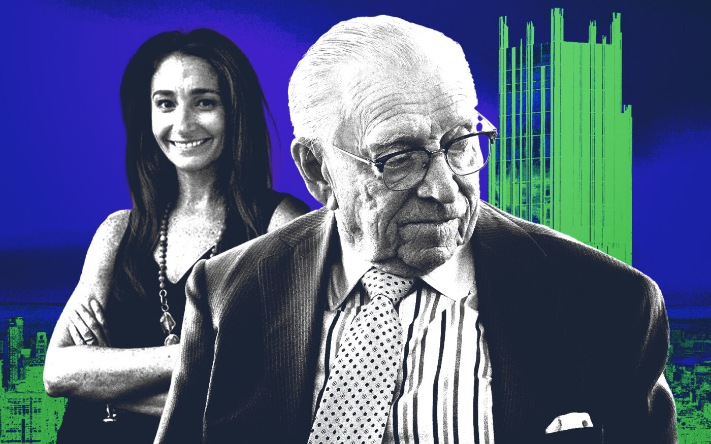 A photo illustration of Corcoran Sunshine's Kelly Mack and Larry Silverstein along with the Brooklyn Tower (Getty, Corcoran Sunshine, Silverstein Properties)