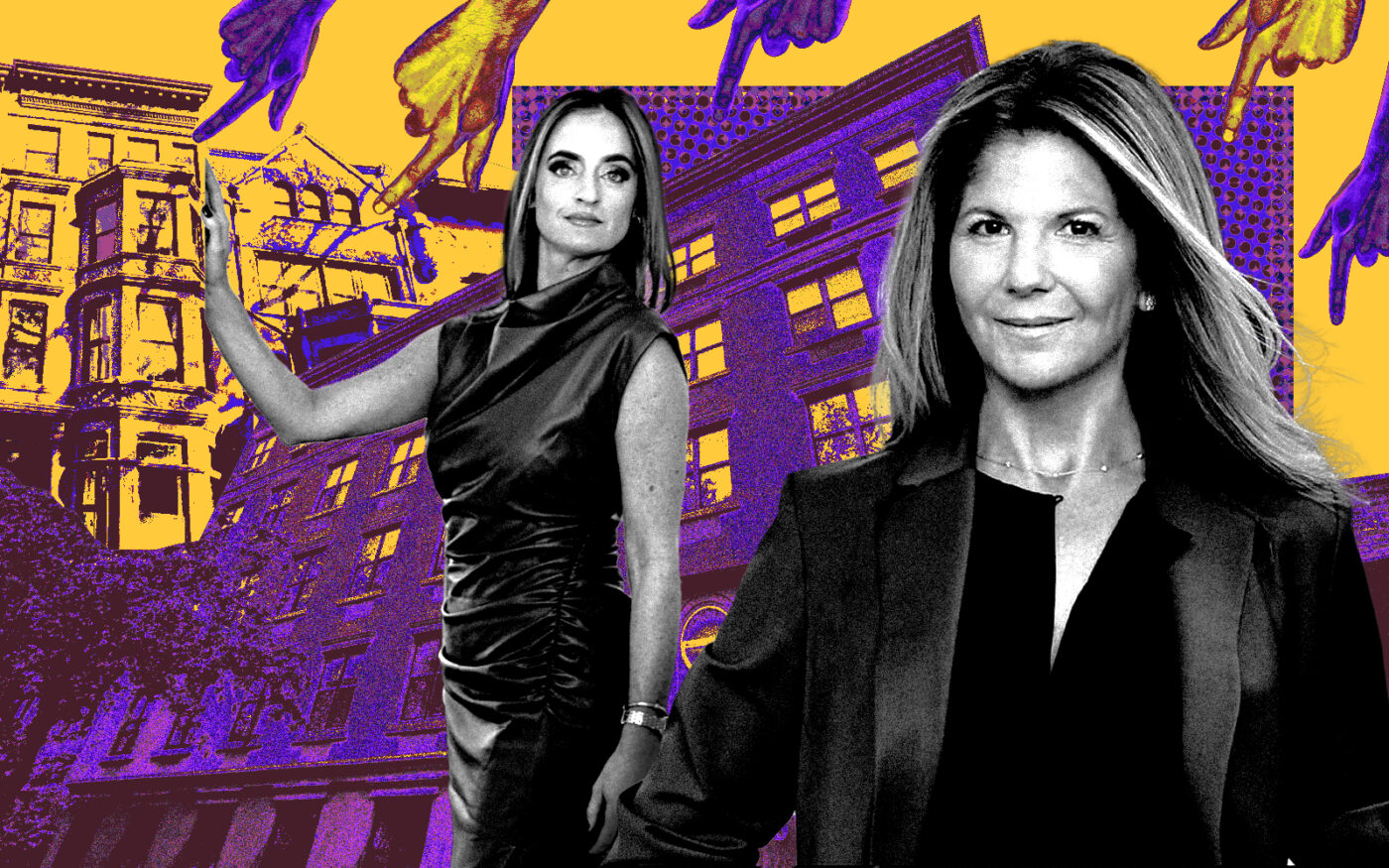 A photo illustration of Douglas Elliman's Nadia Bartolucci and Corcoran’s Jessica Buchman along with street views of 145 Park Place and 851 Carroll Street in Park Slope (Getty, Corcoran, Douglas Elliman, Google Maps)