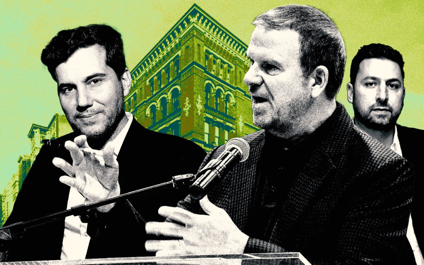 <p>A photo illustration of Scott Sartiano, Tilman Fertitta and Will Makris along with Zero Bond at 0 Bond Street (Getty, Paramount Group, Google Maps)</p>
