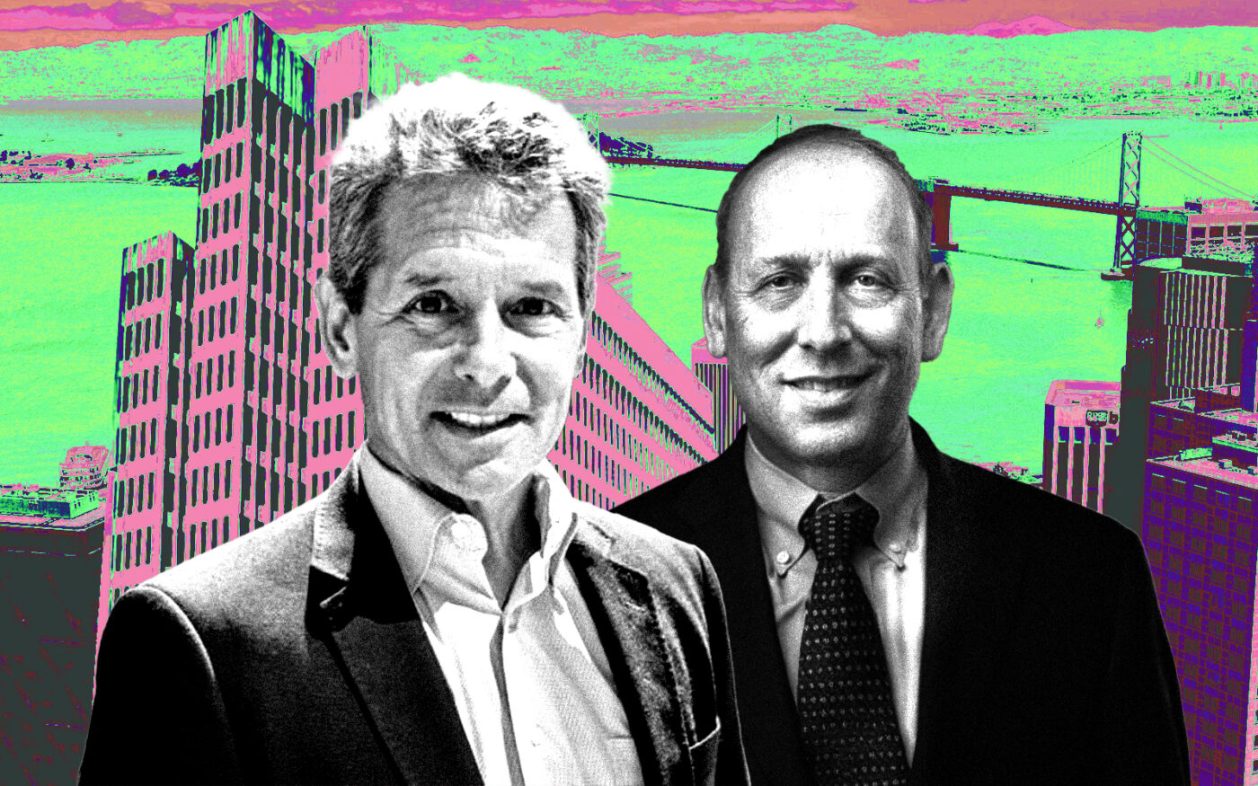 <p>A photo illustration of BXP executive vice president Rod Diehl and BXP president Doug Lindealong with Embarcadero Center at 2 Embarcadero Center in San Francisco (Getty, BXP)</p>
