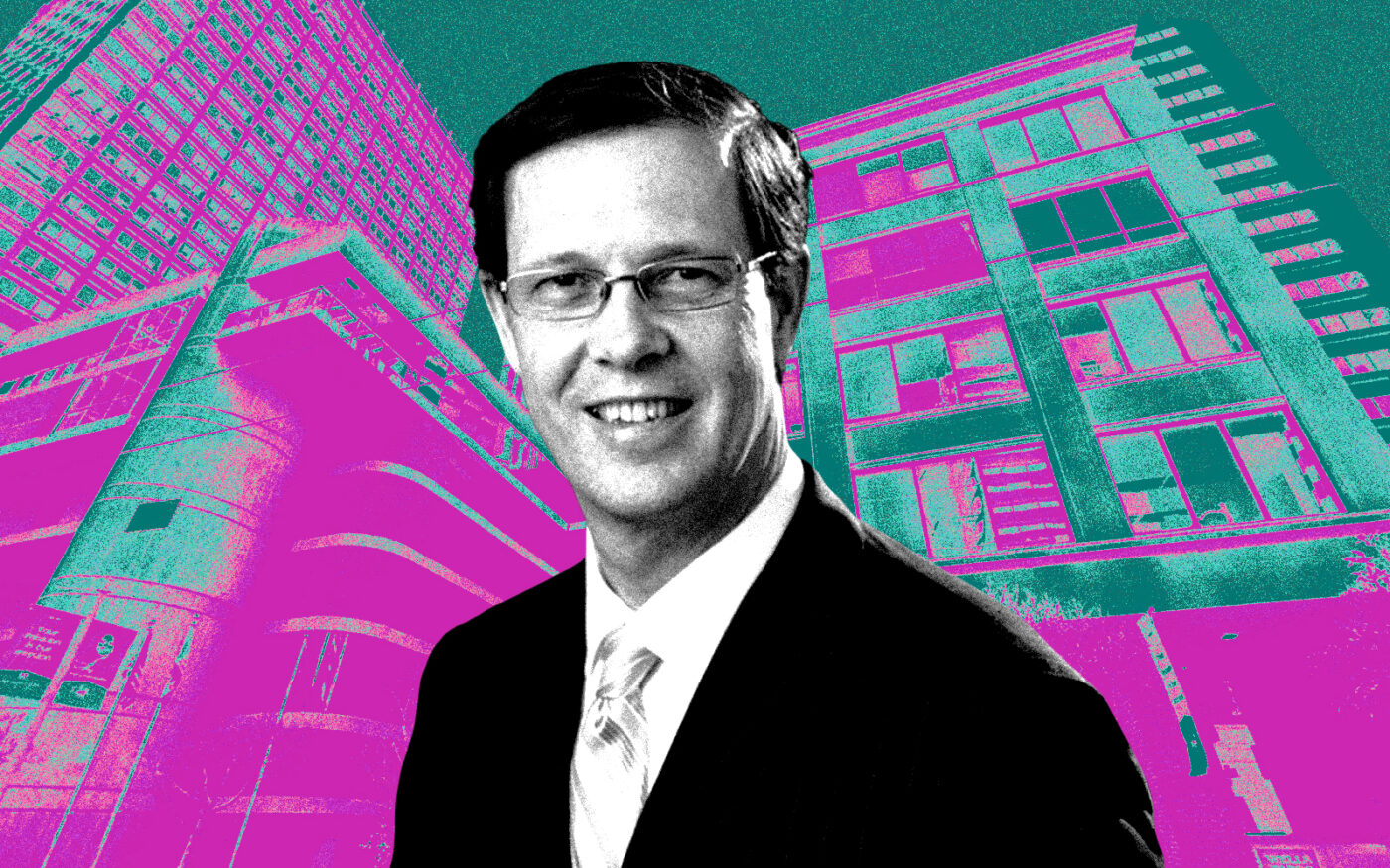 A photo illustration of Golden Gate University president David Fike along with 536 Mission Street (Getty, Google Maps, Golden Gate University, LinkedIn)