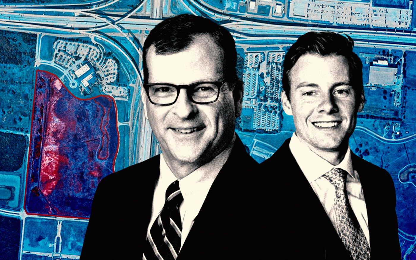 A photo illustration of Pearland Economic Development Corp's Matt Buchanan and NewQuest Properties President Austin Alvis along with a map of the land at the intersection of State Highway 288 and Beltway 8 in Pearland (Getty, Pearland Economic Development Corp, NewQuest Properties)