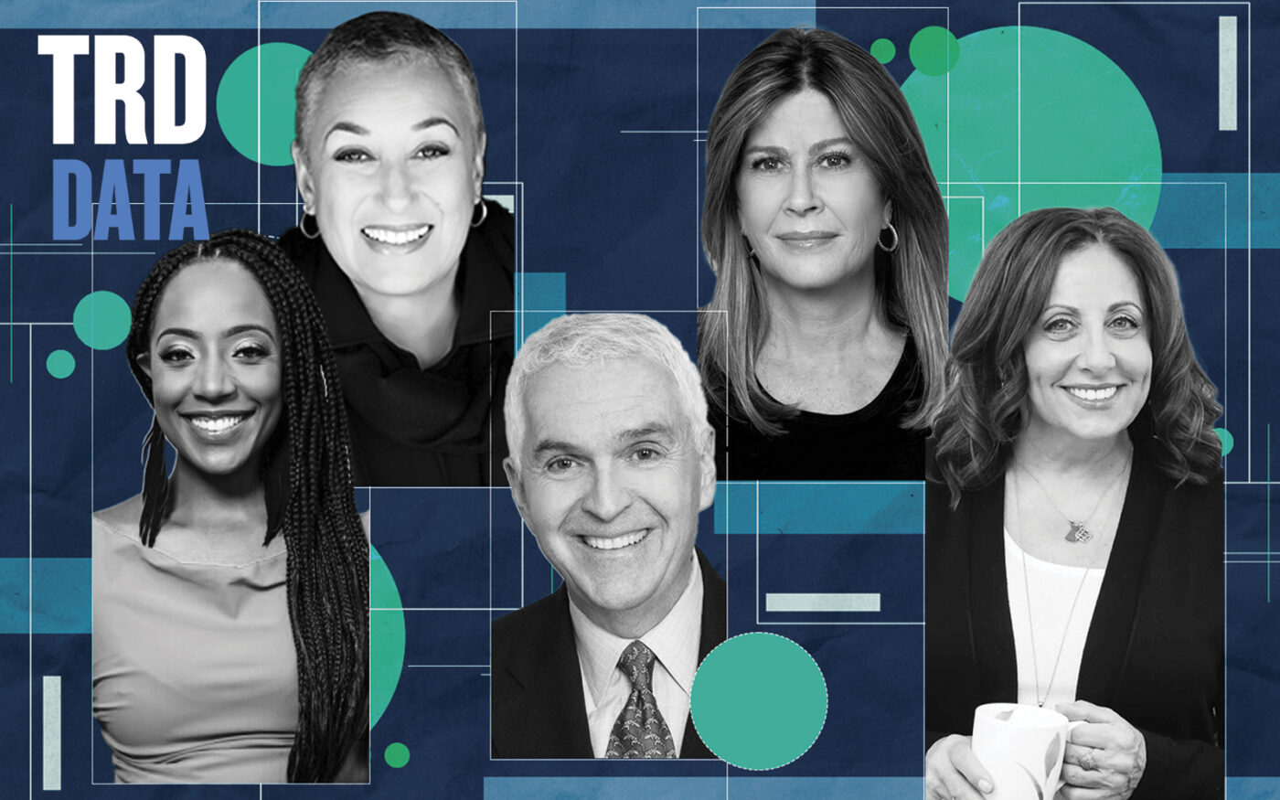 From left: MB Team's Naja Morris and Michelle Browne, Sullivan Rosenberg Team's Robert Sullivan and Catherine Rosenberg, and NL Ferrata Team's Nadine Ferrata (Photo-illustration by Priya Modi/The Real Deal; @properties Christie's International Real Estate, Compass, Berkshire Hathaway)