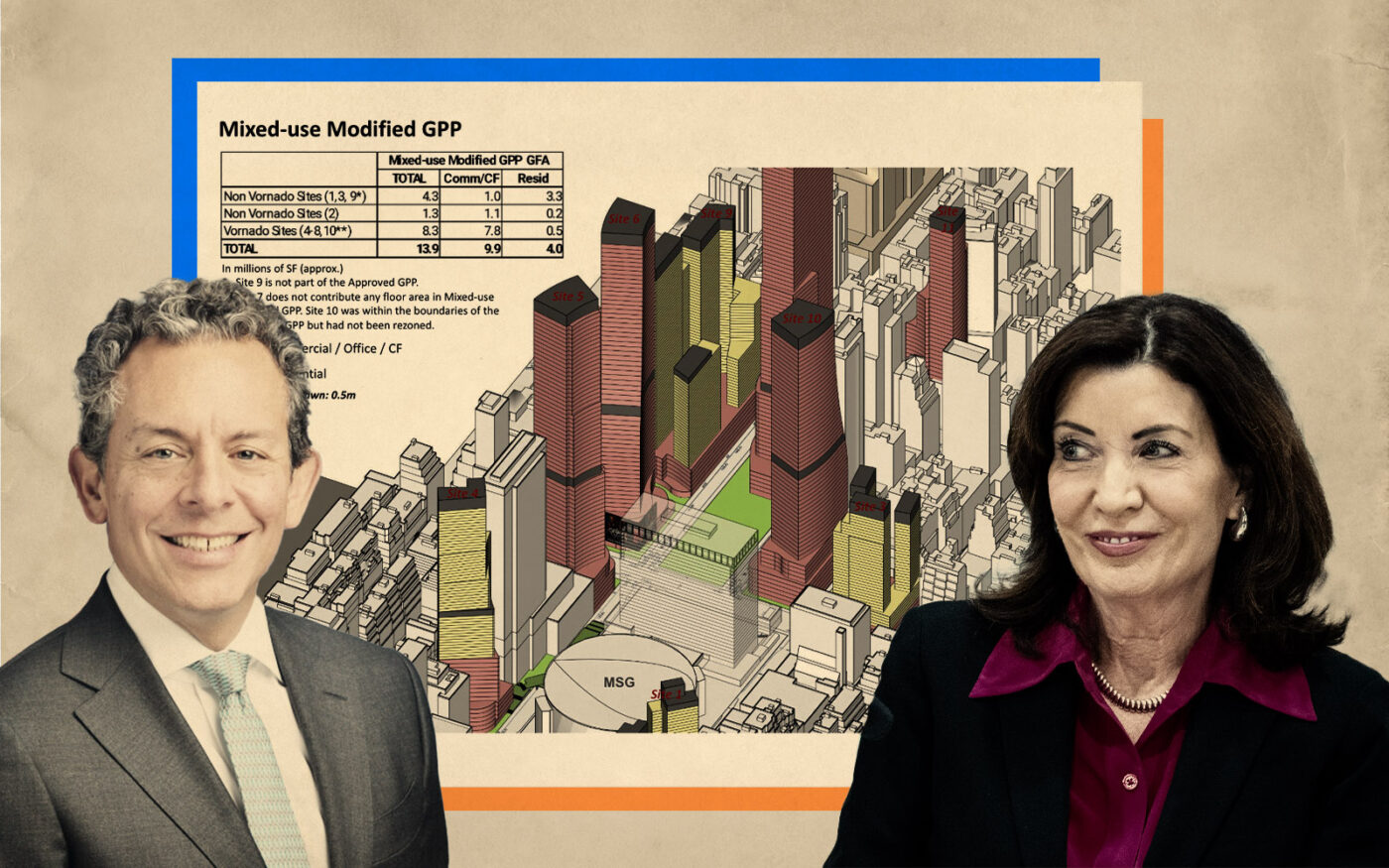 Manhattan Assembly member Tony Simone, Gov. Kathy Hochul; proposed Penn Station megadevelopment (Getty, NYS Assembly)