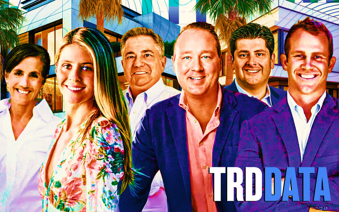 From left: Corcoran Group's Suzanne Frisbie, Premier Estate ﻿Properties' Margit Brandt, Royal Palm Properties' David W. Roberts, Douglas Elliman's Nick Malinosky, Christian Angle Real Estate's Christian Angle and ﻿Douglas Elliman's Gary Pohrer ﻿(Photo-illustration by Steven Dilakian/The Real Deal; Getty Images, Corcoran Group, Premier Estate Properties, Douglas Elliman, Christian Angle Real Estate)﻿﻿