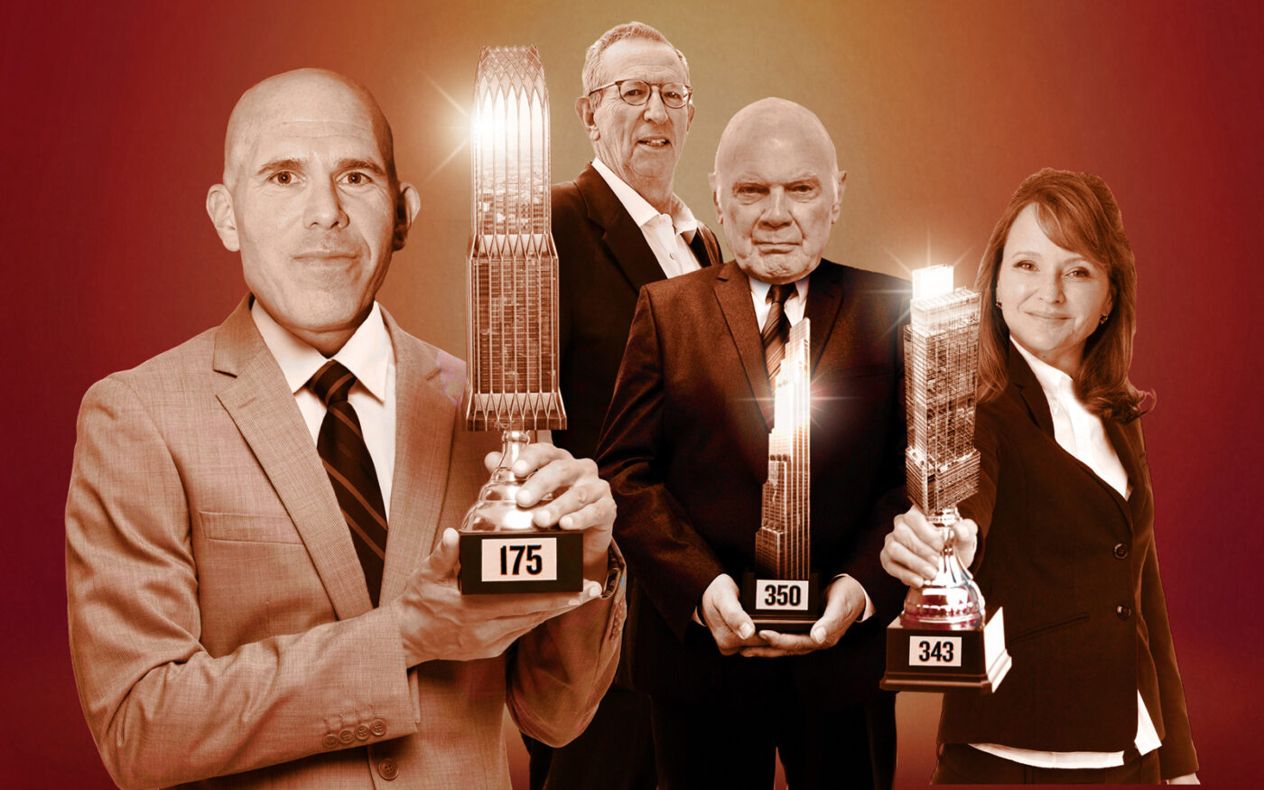 From left: RXR CEO Scott Rechler with 175 Park Avenue, Vornado CEO Steve Roth and Rudin chairman Bill Rudin with 350 Park Avenue, and BXP vice president Hilary Spann with 343 Madison Avenue (Photo-illustration by Kevin Rebong/The Real Deal; Getty Images, Foster + Partners, WSP)