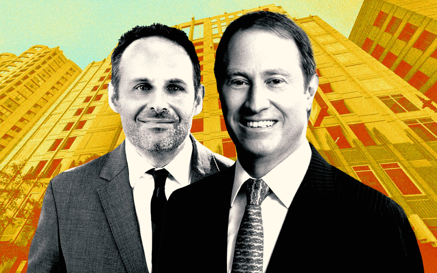 A photo illustration of Argentic's Douglas Tiesi and Morgan Stanley CEO Ted Pick along with Grand Plaza at 540 N. State Street (Getty, Argentic, Morgan Stanley, LinkedIn, Google Maps)