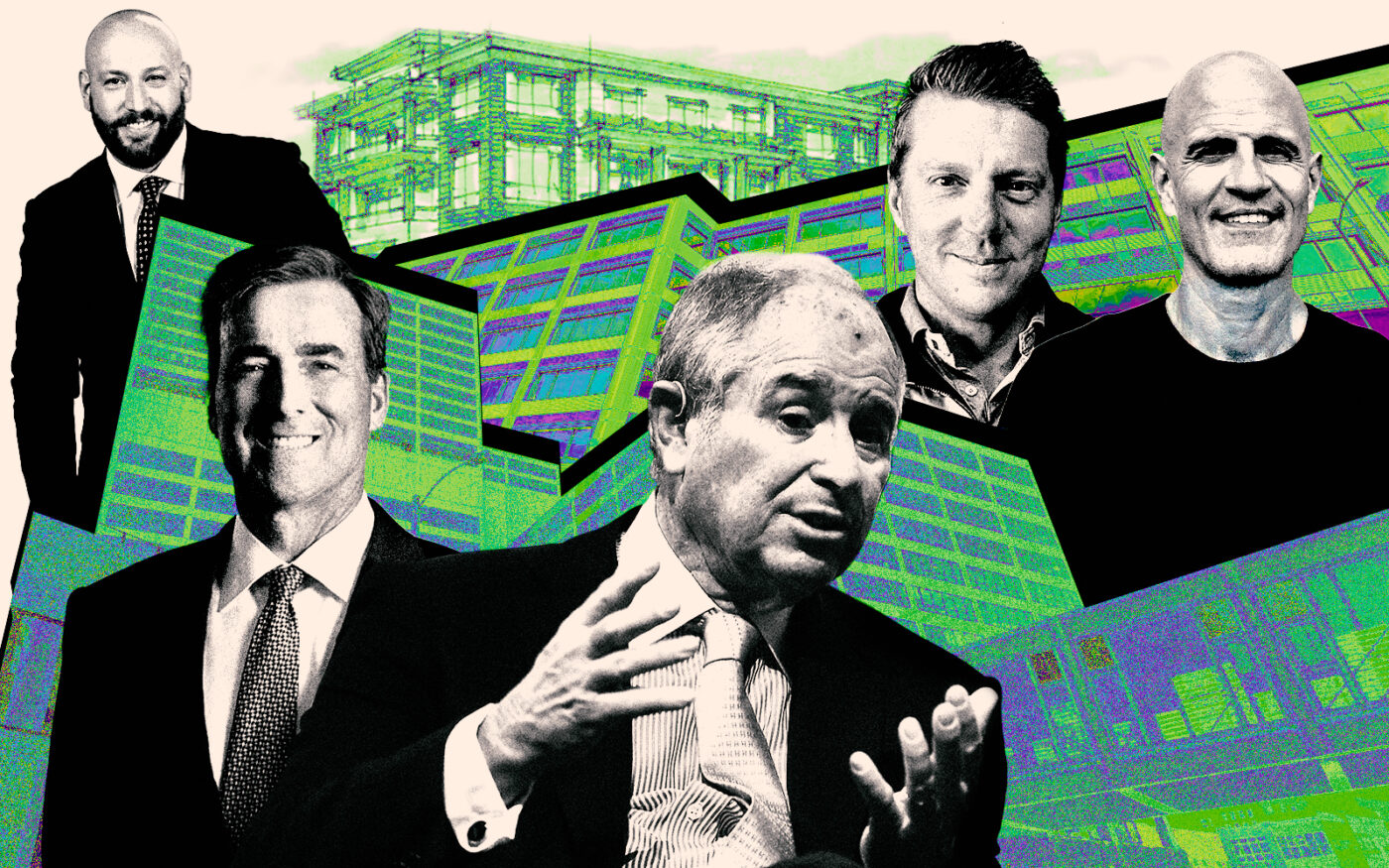 The Telos Group's Matthew S. Whipple; KeyBank's Chris Gorman and Blackstone CEO Stephen A. Schwarzman; Karis Cold CEO Jake Finley and seller Anthony Iatarola; 350 N Orleans in River North; renderings of the Plum Farms project; 801 South Canal Street (Photo Illustration by Steven Dilakian for The Real Deal with Getty, The Telos Group, KeyBank, Karis Cold and Google Maps)