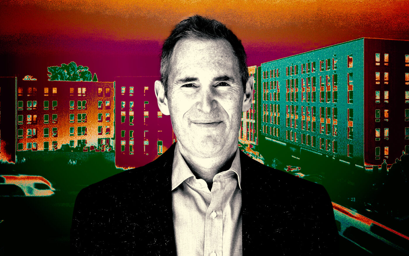 <p>A photo illustration of Amazon CEO Andy Jassy along with 1601 120th Avenue NE in Bellevue (Getty, Bridge Housing)</p>
