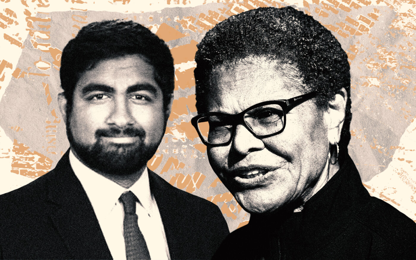 A photo illustration of JohnHart Real Estate's Sahil Nandwani and Mayor of Los Angeles Karen Bass (Getty, X/saucy_sahil)