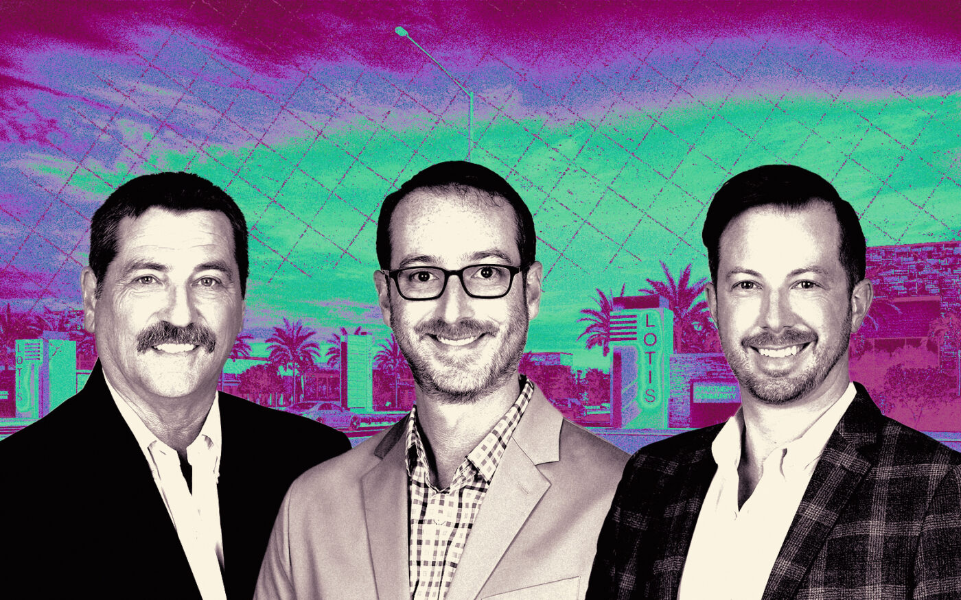 <p>A photo illustration of John Markey, Adam Freedman and James Gielda of Lotis Group with a rendering of the Wellington mixed-use project (Lotis Group)</p>
