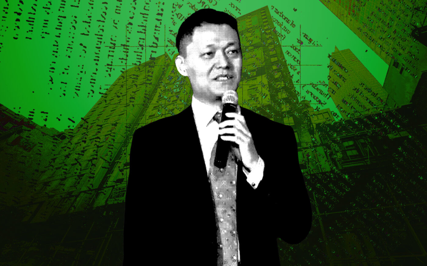 A photo illustration of Han’s Holding Group chair Gao Yunfeng along with 121 West 28th Street (Getty, Facebook/Han's Laser, Google Maps)