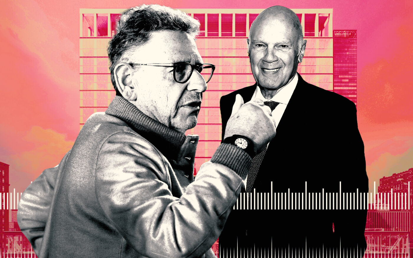 A photo illustration of Universal Music Group’s Lucian Grainge and Vornado Realty Trust's Steve Roth along with the PENN 2 office tower (Getty, Vornado Realty Trust)