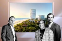 Sandor Scher, Alex Blavatnik, and Alex Witkoff with a rendering of of their planned North Beach condo and hotel development (Getty, LinkedIn, Witkoff)