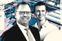 CenterPoint Properties CEO Jim Clewlow and Outpost CEO Trent Cameron with an aerial view of the outdoor storage site at 3200 Northwest 67th Avenue in Miami
