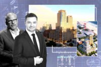 NYCEDC president and CEO Andrew Kimball and Rybak Development CEO Sergey Rybak with renderings of the Coney Island redevelopment (Getty, IMC Architecture)