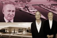 Citadel's Ken Griffin with renderings of 120 MacArthur Causeway and Vlad Doronin and Len Blavatnik with Aman Miami Beach