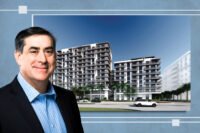 Abacus Capital Group CEO Ben Friedman with a rendering of Arbor House multifamily project at 3701 Catalfumo Way South (Abacus Capital Group)