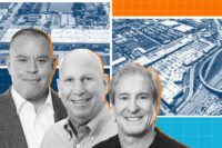 Basis Industrial’s Anthony Scavo, Steve Garchik and Jay Massirman with aerials of two Hialeah warehouse complexes