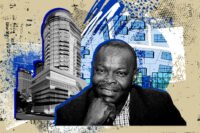 Edward Okpa along with a rendering of Winners Tower