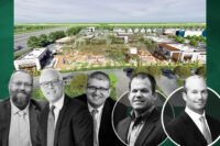 Forman Capital’s Ben Jacobson, Brett Forman and Scott Mehlman with Ferguson Family Partnership's Corey and Bobby Ferguson with a rendering of The Oaks at District West