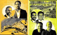 ESJ’s Arnaud Sitbon and Terra's David Martin with a rendering of 1111 Parrot Jungle Trail and 888 MacArthur Causeway and BH3 Management's Daniel Lebensohn and Greg Freedman and Merrimac Ventures' Dev and Nitin Motwani with a rendering of Watson Harbour