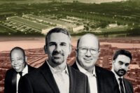 (bottom) Hunts Point Produce Market; (top) rendering of the proposed all-electric Hunts Point Produce Market; (middle) Former Mayor Eric Adams, Aurora Contractors CEO Anthony Vero, Primus Builders' Erik Gunderson and Mayor Zohran Mamdani