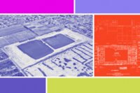 Aerial and site plan of the 77-acre development site
