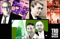 Industrial Realty Group president Stuart Lichter with with an aerial view of Howard Terminal (top left); Haitong CEO Lin Yong, construction photo and rendering of Oceanwide Plaza (top right); DivcoWest's Stuart Shiff and Hong Kong Monetary Authority's Eddie Yue with 101 California Street (bottom)