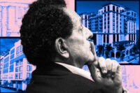Developer James Batmasian with renderings of the Royal Palm Plaza Hotel and the planned parking garage and retail building