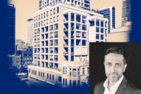 Akara Partners' Rajen Shastri with a rendering of 707 North Wells Street