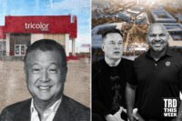 Daniel Chu with Elon Musk, Mike Hoque and a rendering of University Hills