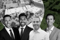 Greenstone Partners brokers Danny Spitz and AJ Patel, Honore Properties' Mike Shenouda and Peerless’ Mike Cordaro with the shopping plaza at 1415–1435 North Kingsbury Street